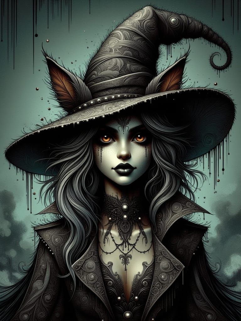 Gothic Punk Cat in Hat, Tim Burton Style