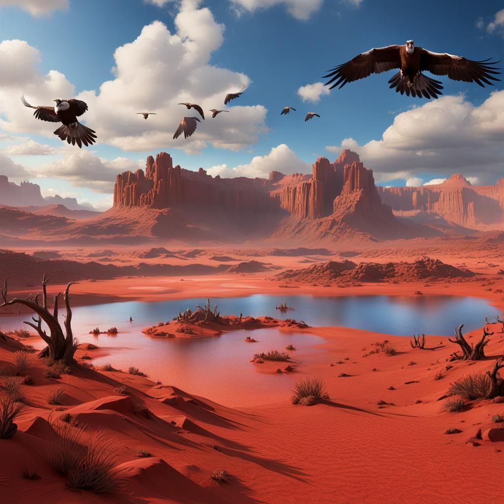 Wild west landscape, lake in the middle, red sand, blue sky and clouds, vultures flying. dpi 800, HD. detailed matte pai...