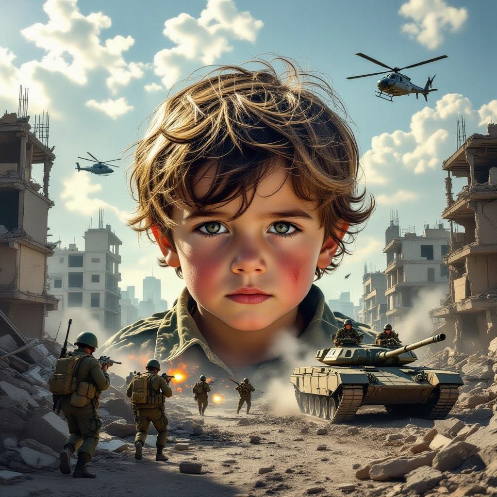 Child's Face in War-Torn Cityscape