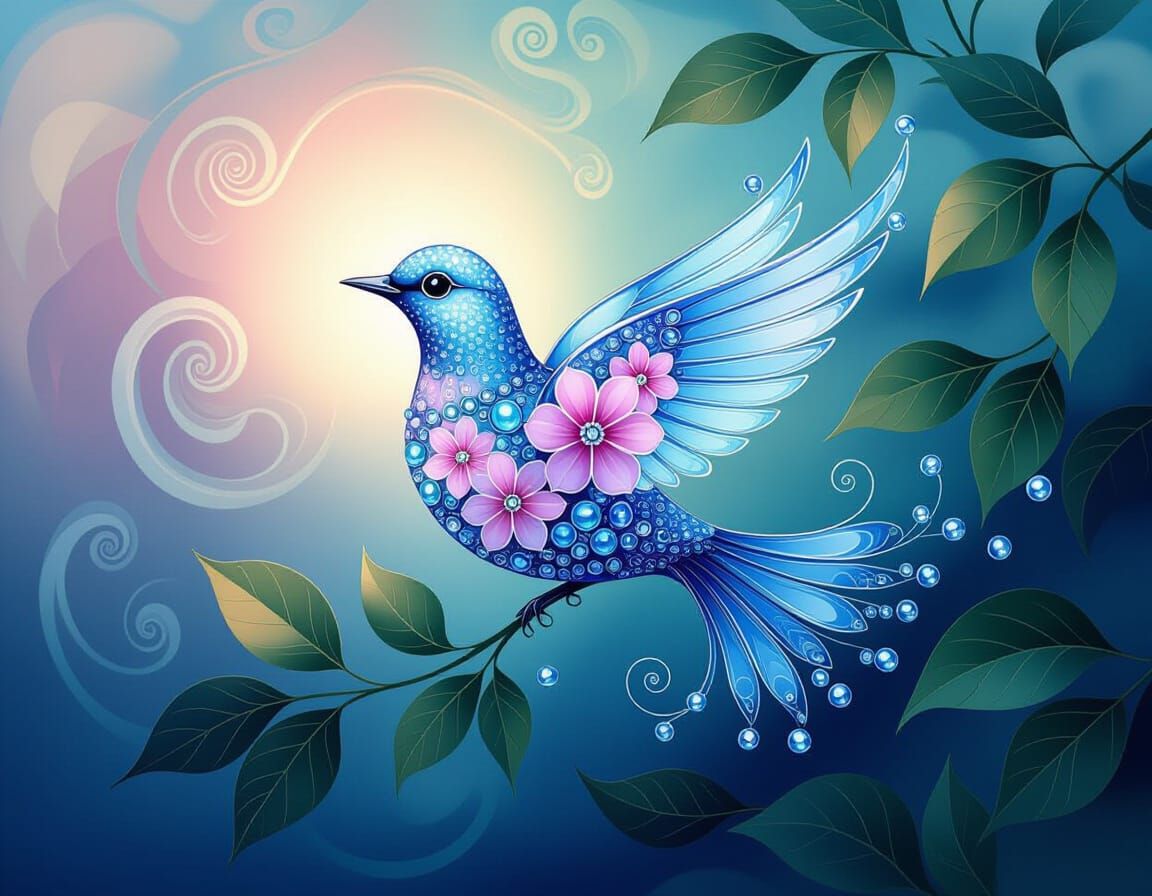 Ethereal Glass Bird with Art Nouveau Floral Design