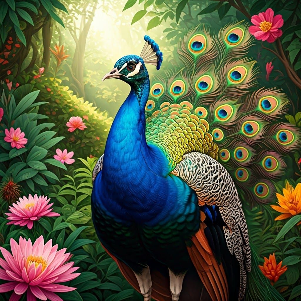 Ethereal Art Nouveau Peacock in Emerald Forest