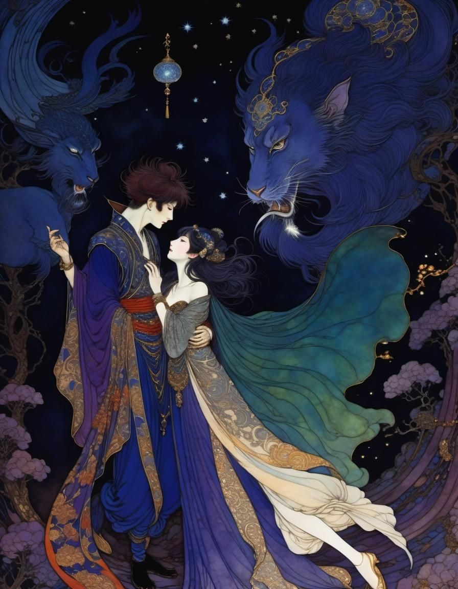 Anime Genie and Woman in Arthur Rackham Style