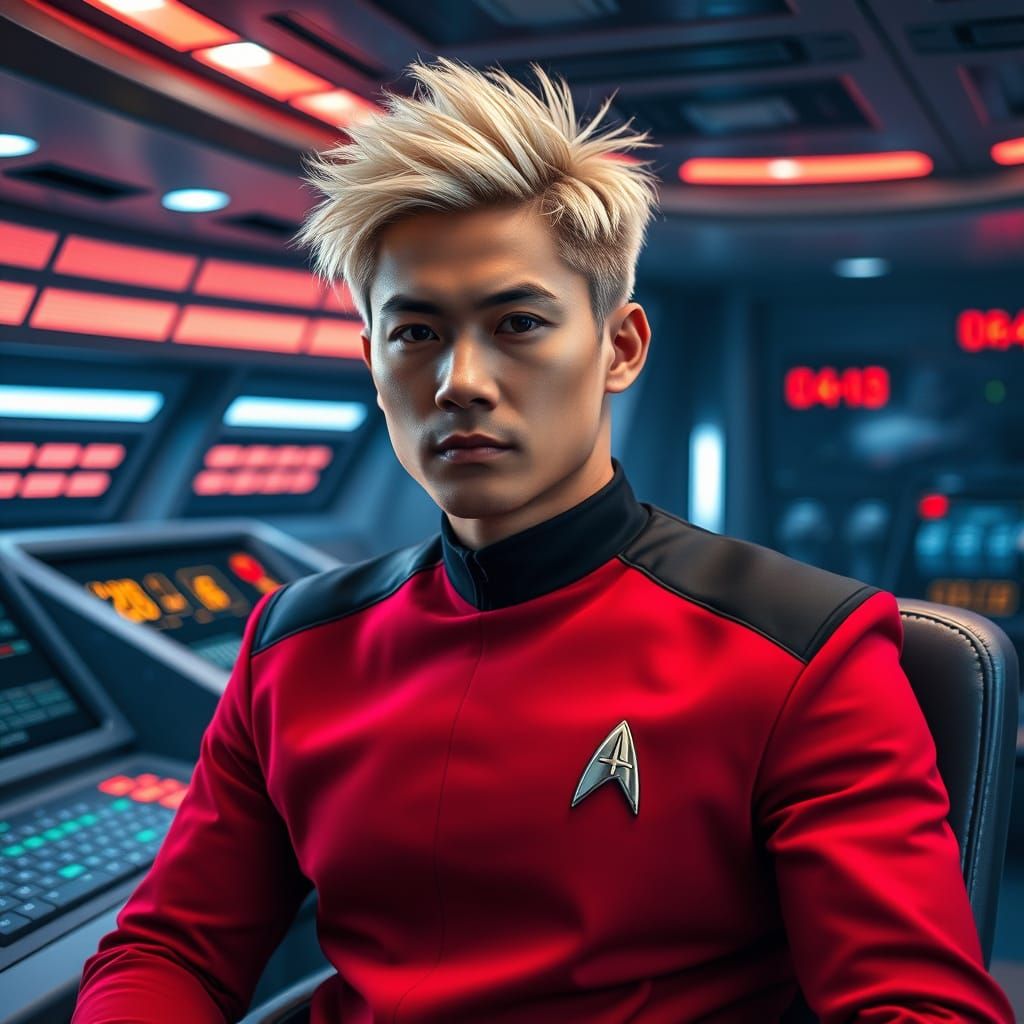 Sleek Starfleet Officer in Vibrant Red Uniform