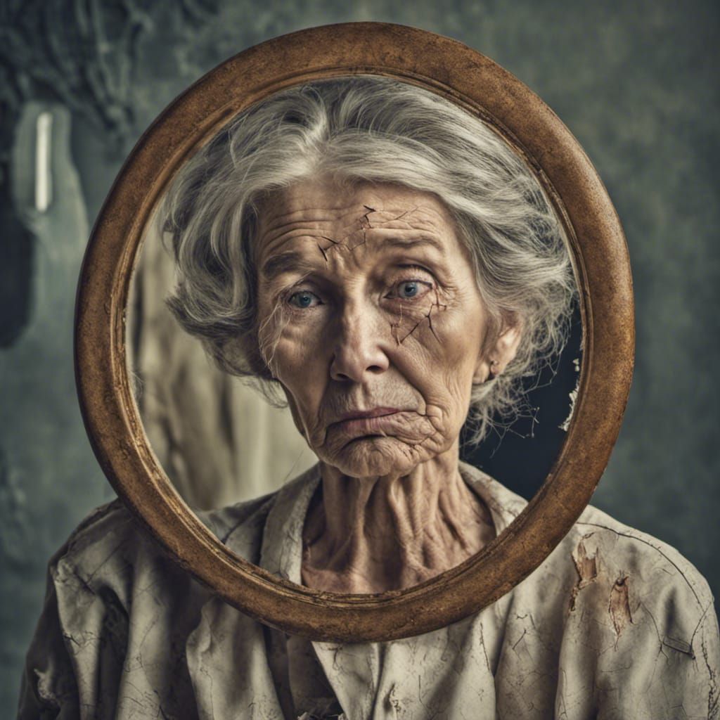 Broken Mirror Reflecting Sad Elderly Woman