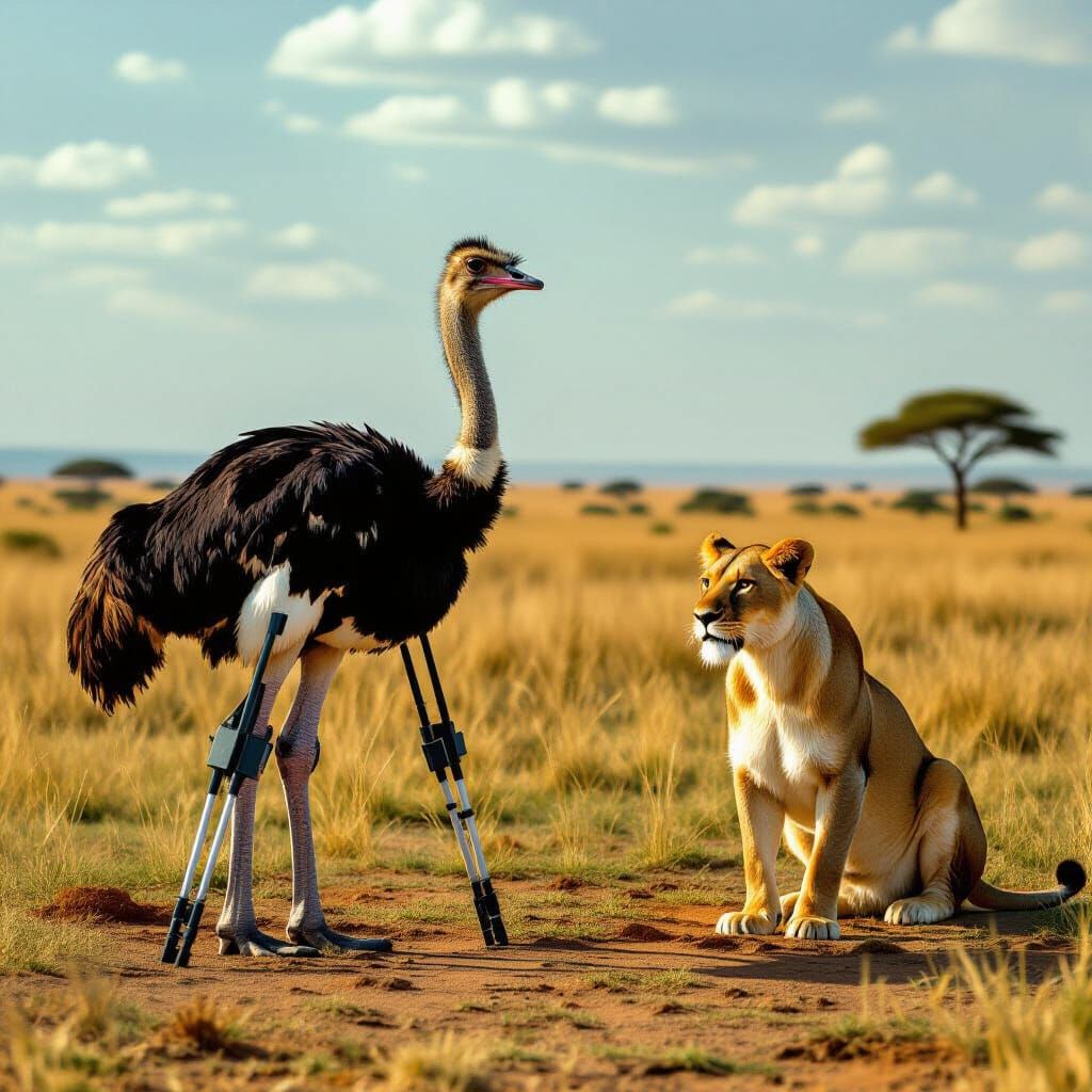 Ostrich on Crutches with Lioness Watching, Cinematic Film St...
