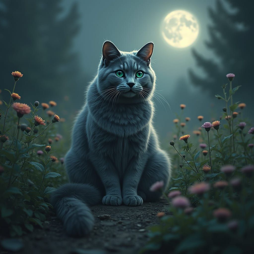 Majestic Cat Surrounded by Blooming Wildflowers in Ethereal ...