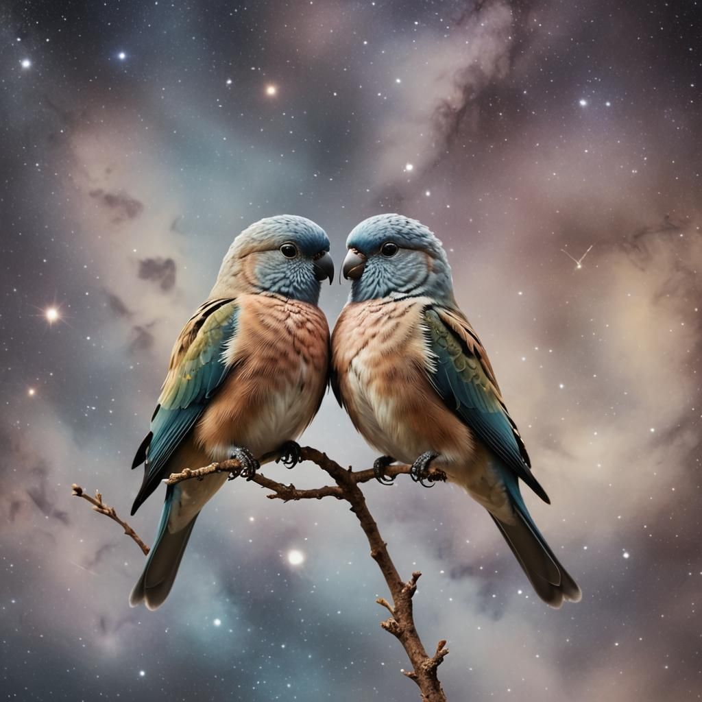 Lovebirds Embrace in a Cosmic Dream