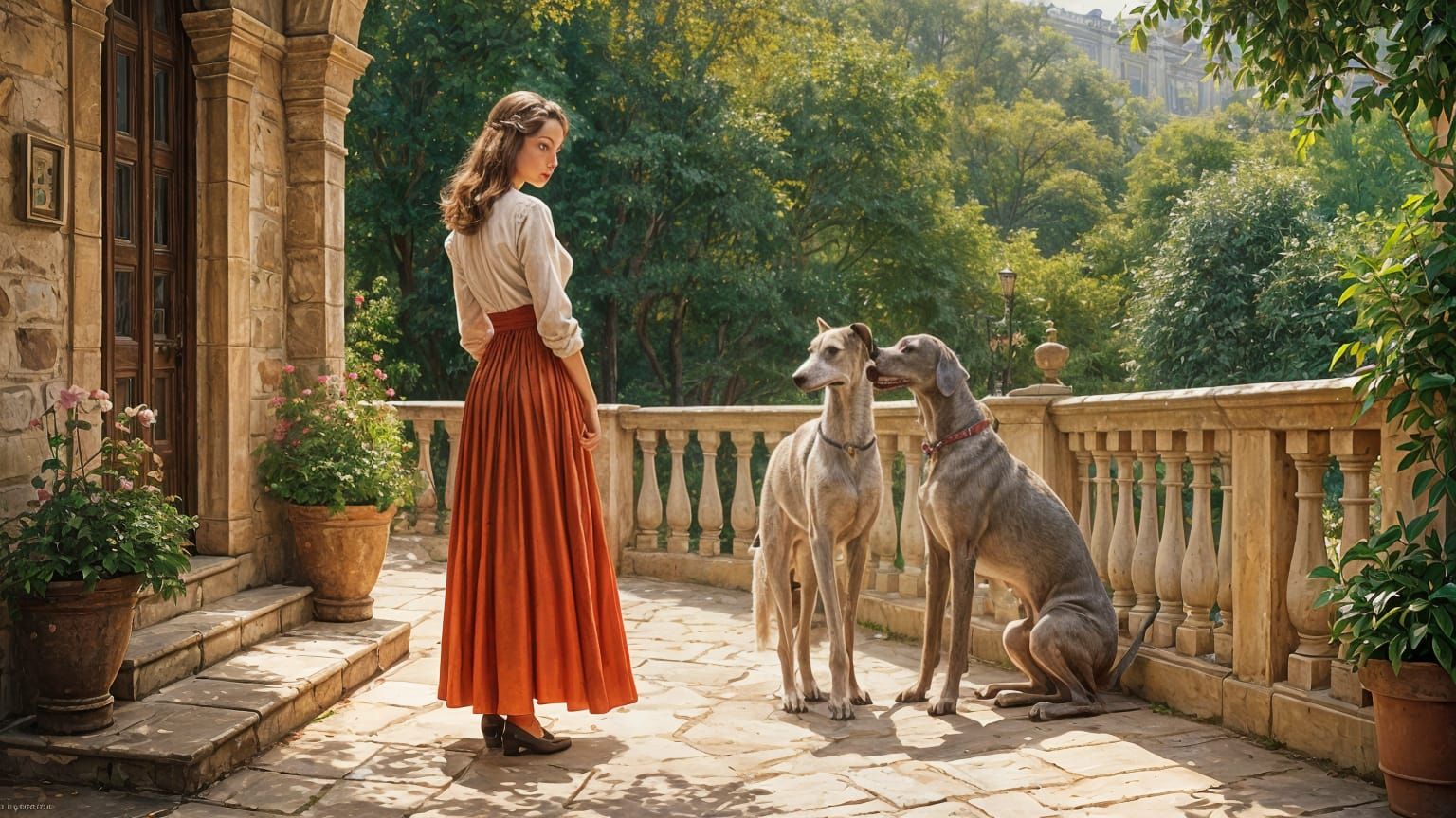 Chatelaine with Greyhounds in Oil, Alfred De Dreux Style