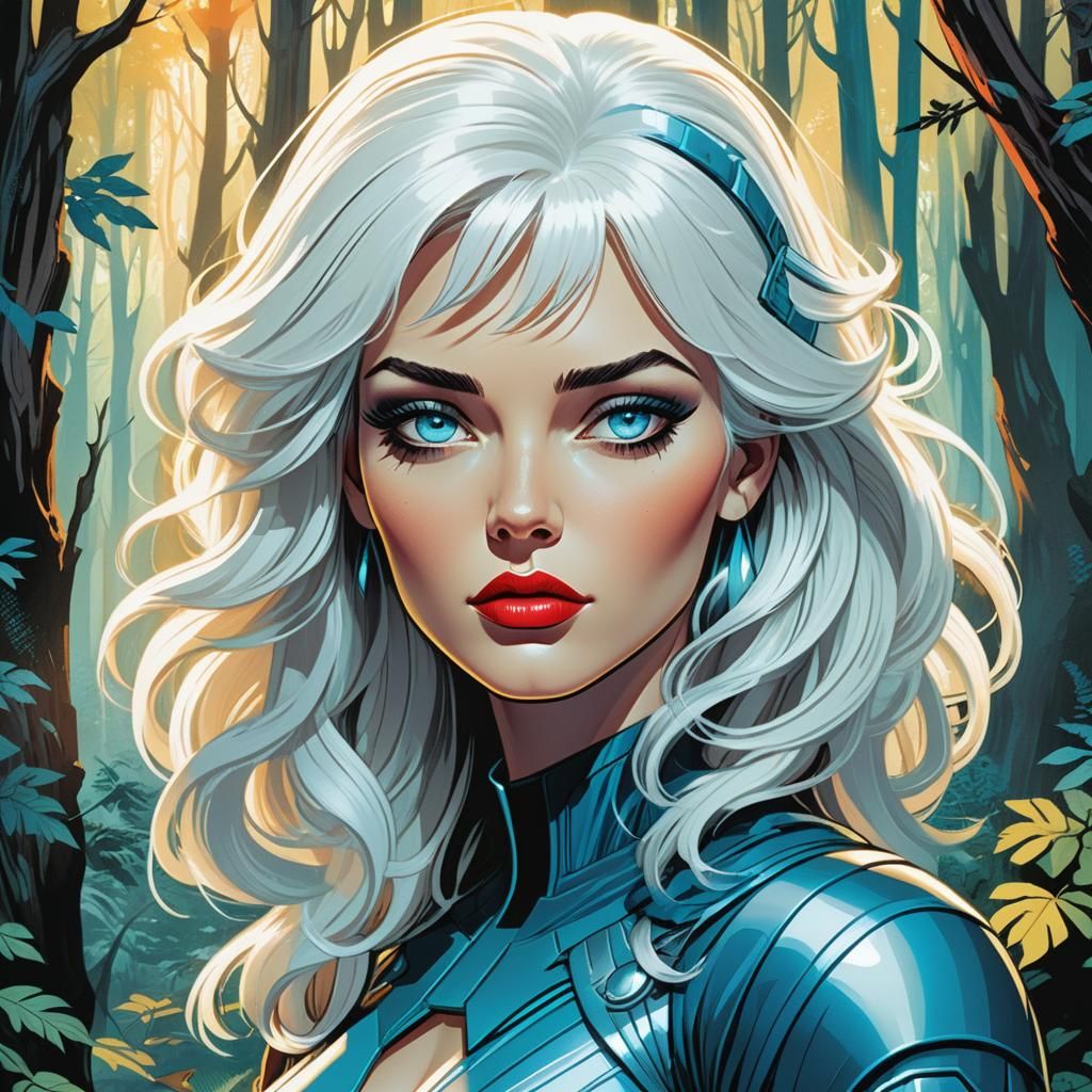Retro Comic Book Woman in Mystical Forest