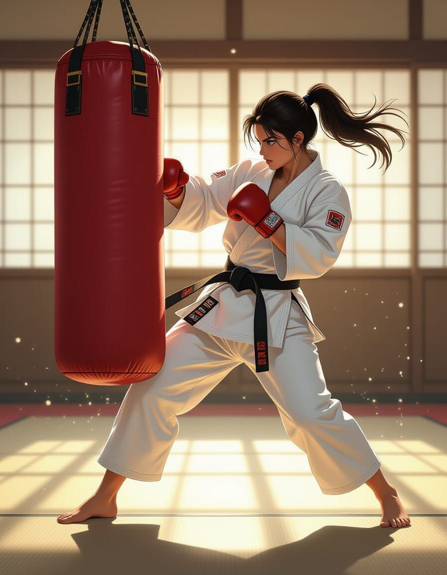 Female Karateka Roundhouse Kick in Hyperrealistic Cartoon St...