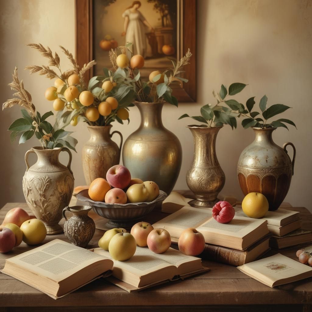 Botticelli-Inspired Still Life with Vintage Books