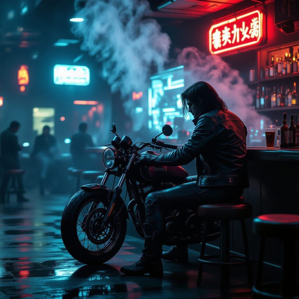 Cyberpunk Biker at Dim Cantina Bar