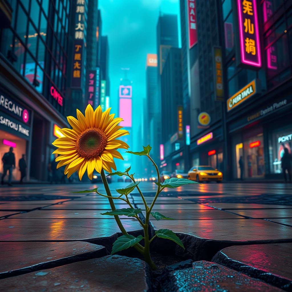 Sunflower Defies Cyberpunk City in Classical Style