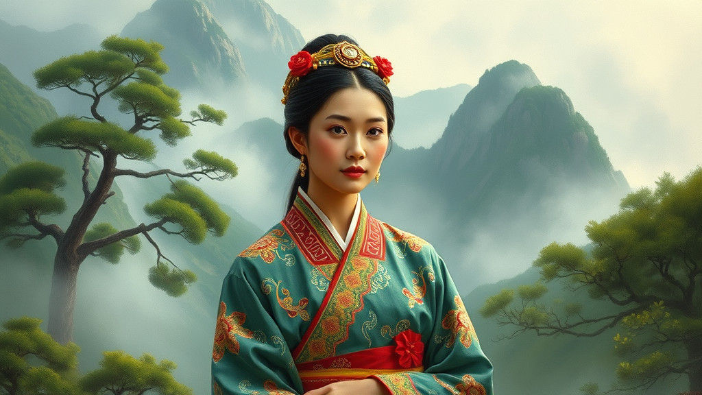 Asian Woman in Hanbok, Misty Mountain Landscape