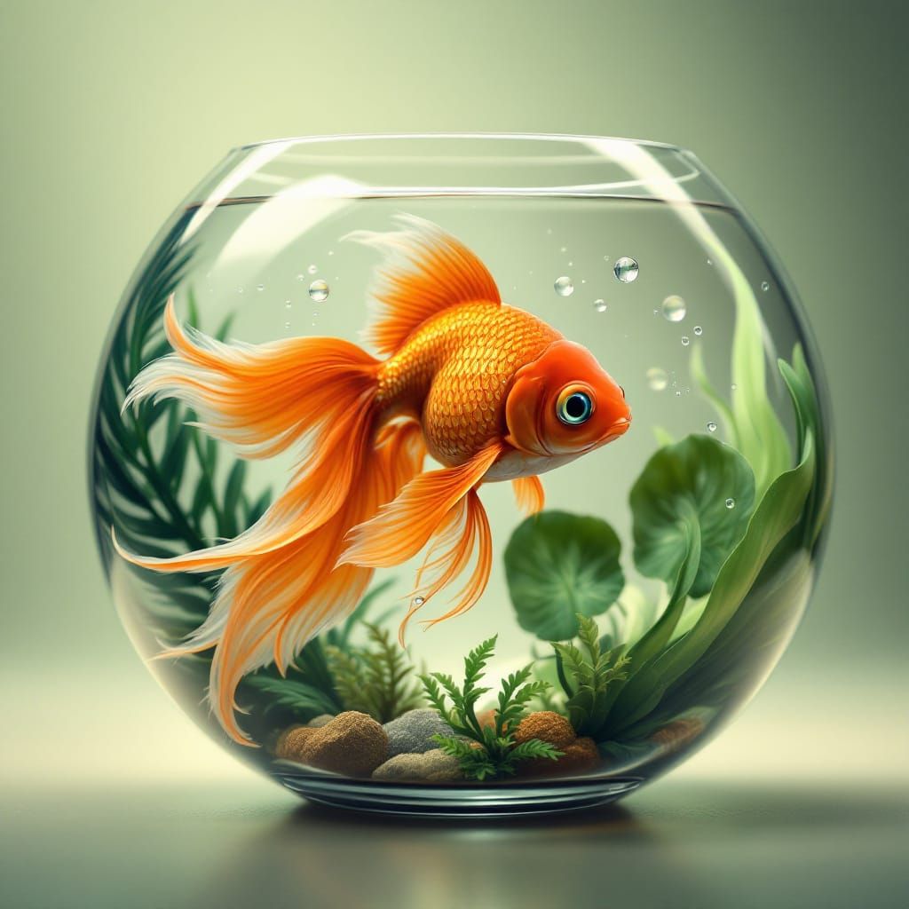 Majestic Goldfish in Glass Bowl: Minimalist Futurism