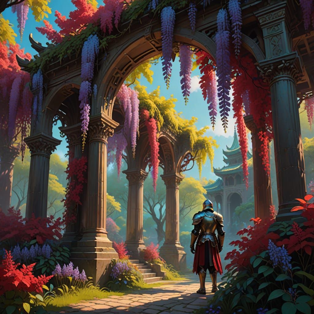 Ethereal Knight in Crimson Wisteria Forest