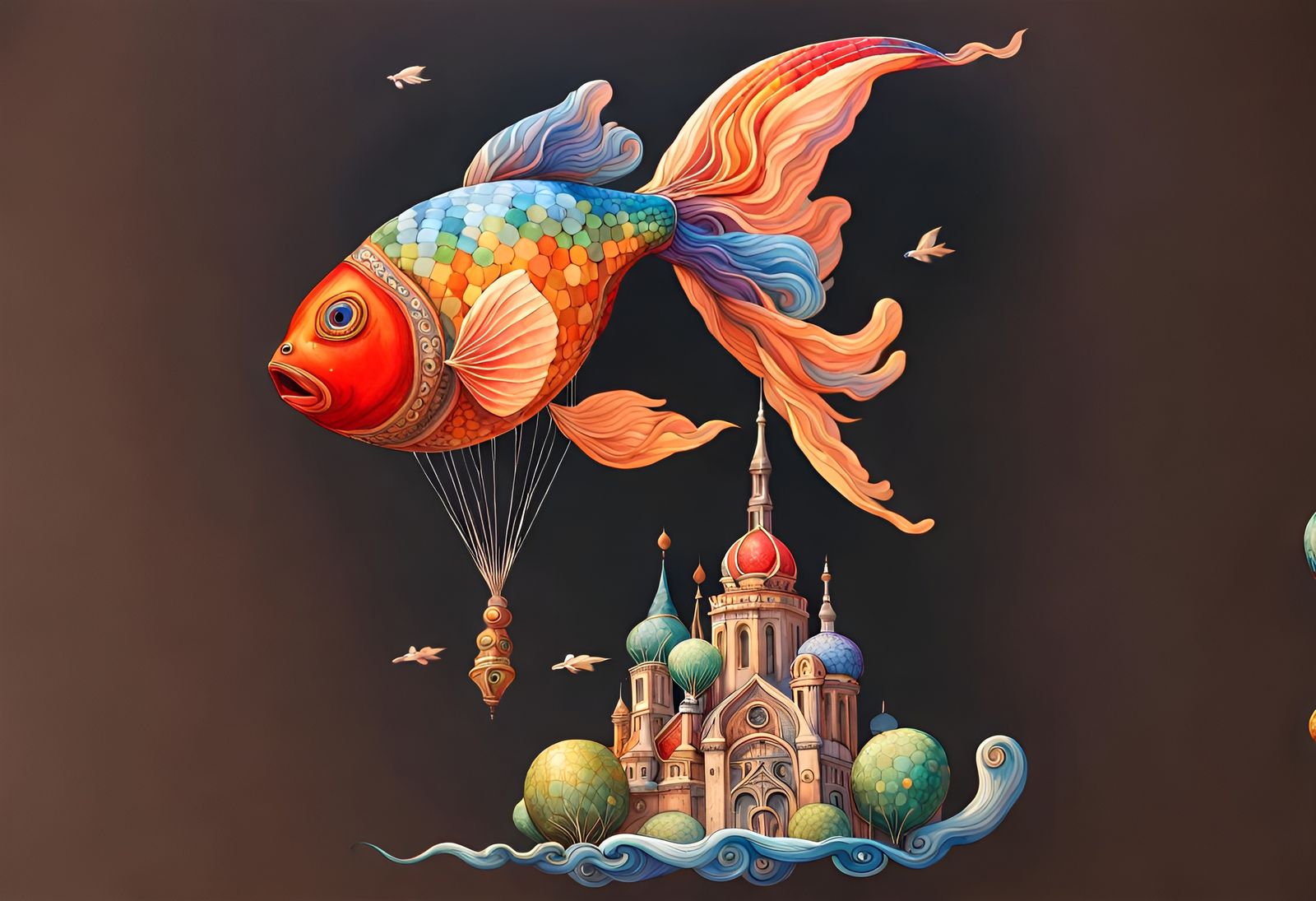 Goldfish Balloon Soaring Over City, Art Nouveau Style