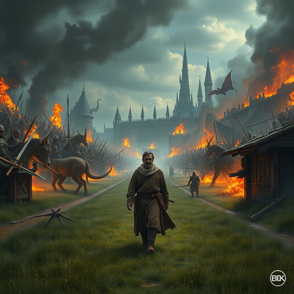 Man Walks Calmly Amidst Medieval Chaos in Vibrant Fantasy La...