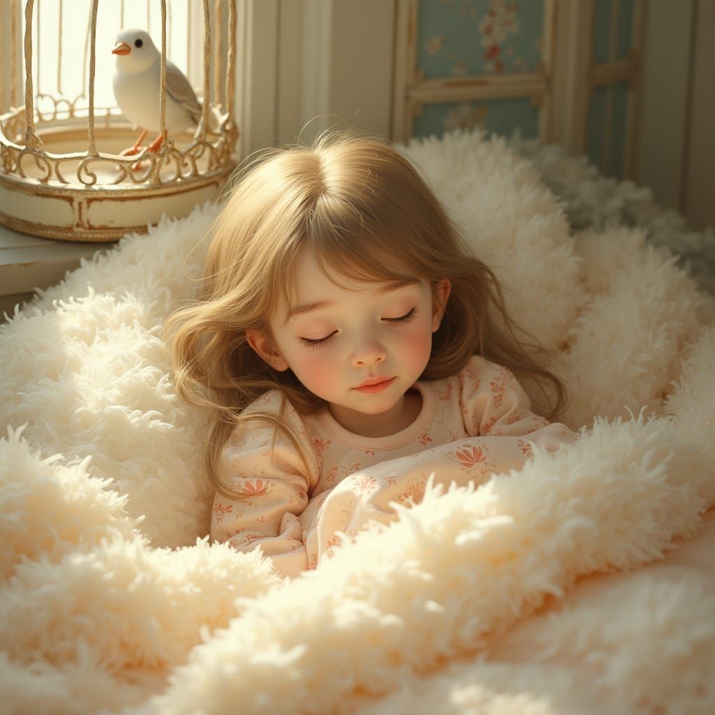 Girl in Bed Surrounded by Feathers in Whimsical Style