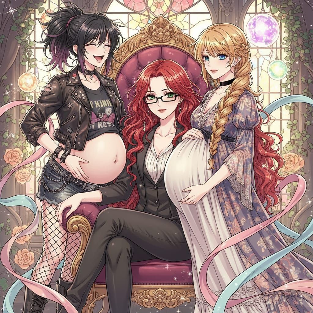 Shoujo Style Family Portrait: Two Pregnant Wives with Red-Ha...