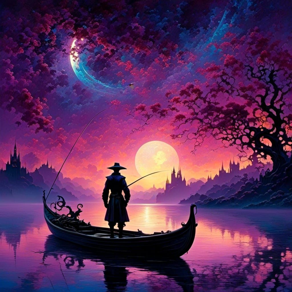 fisherman staring out into night sky