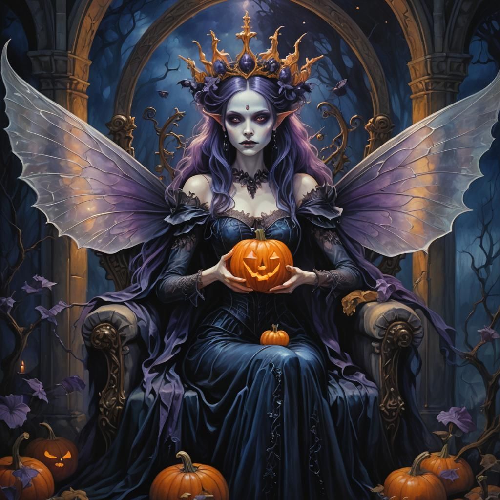 Eerie Fairy Queen with Pumpkin Head in Gothic Style