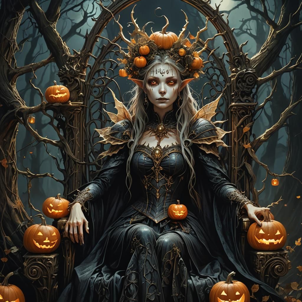 Gothic Pumpkin Fairy Queen in Haunted Forest