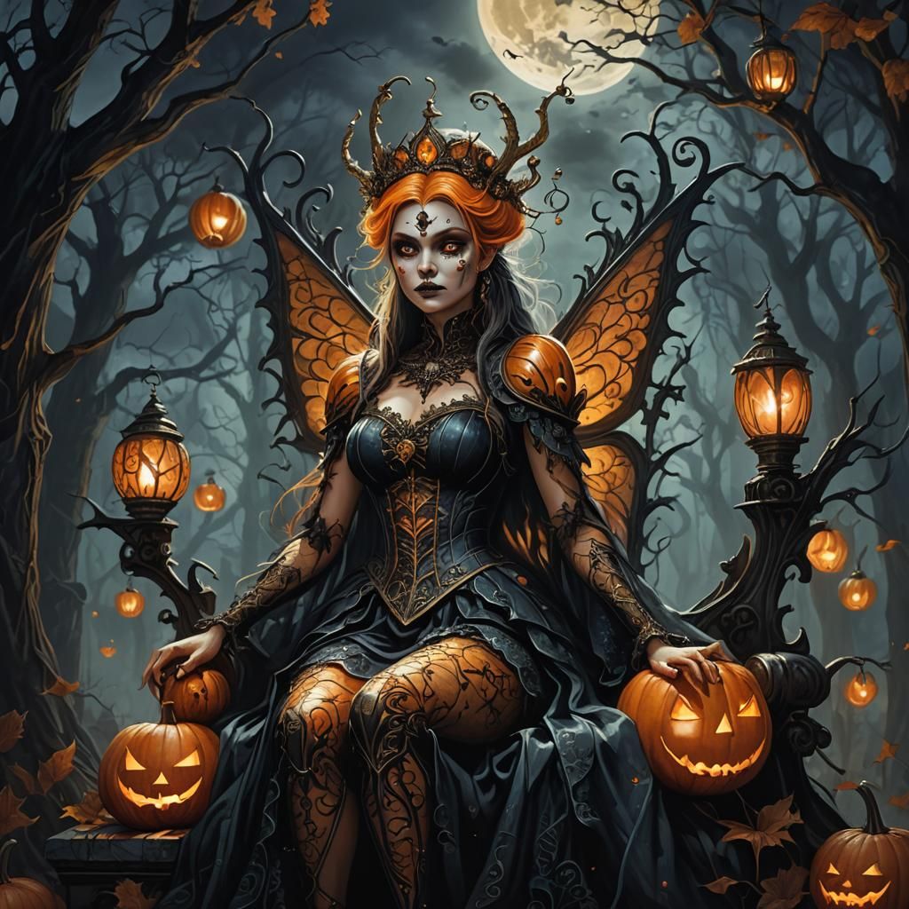 Gothic Pumpkin Fairy Queen on Throne