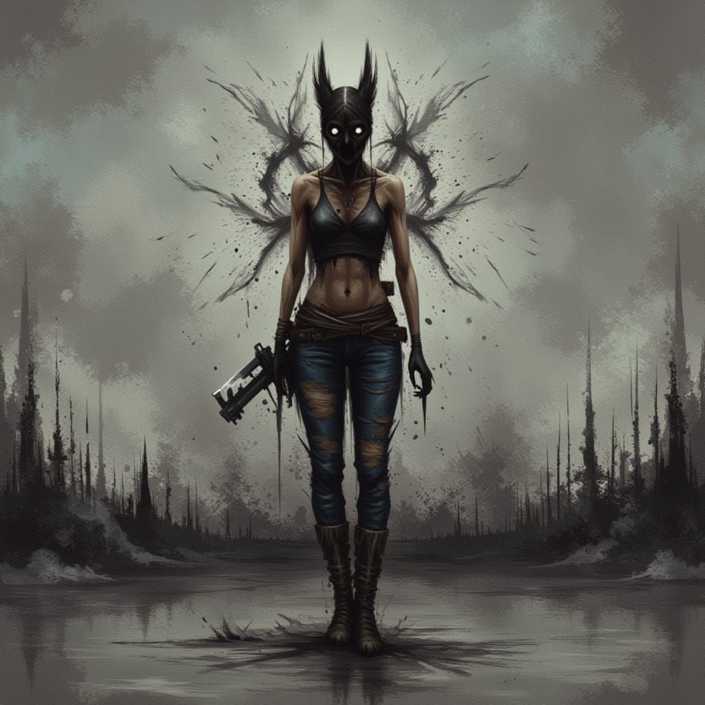 Woman in Ripped Jeans in Riot Scene, Concept Art