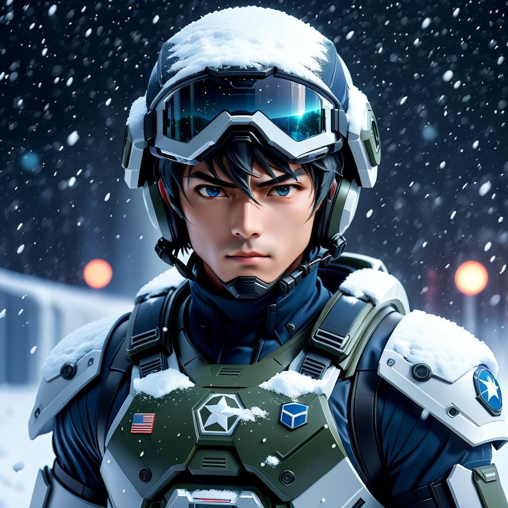 Anime Soldier in Futuristic Snowstorm Scene