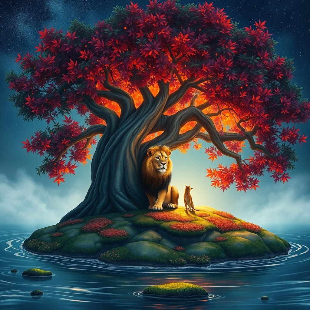 Lion Under Ancient Tree with Glowing Leaves