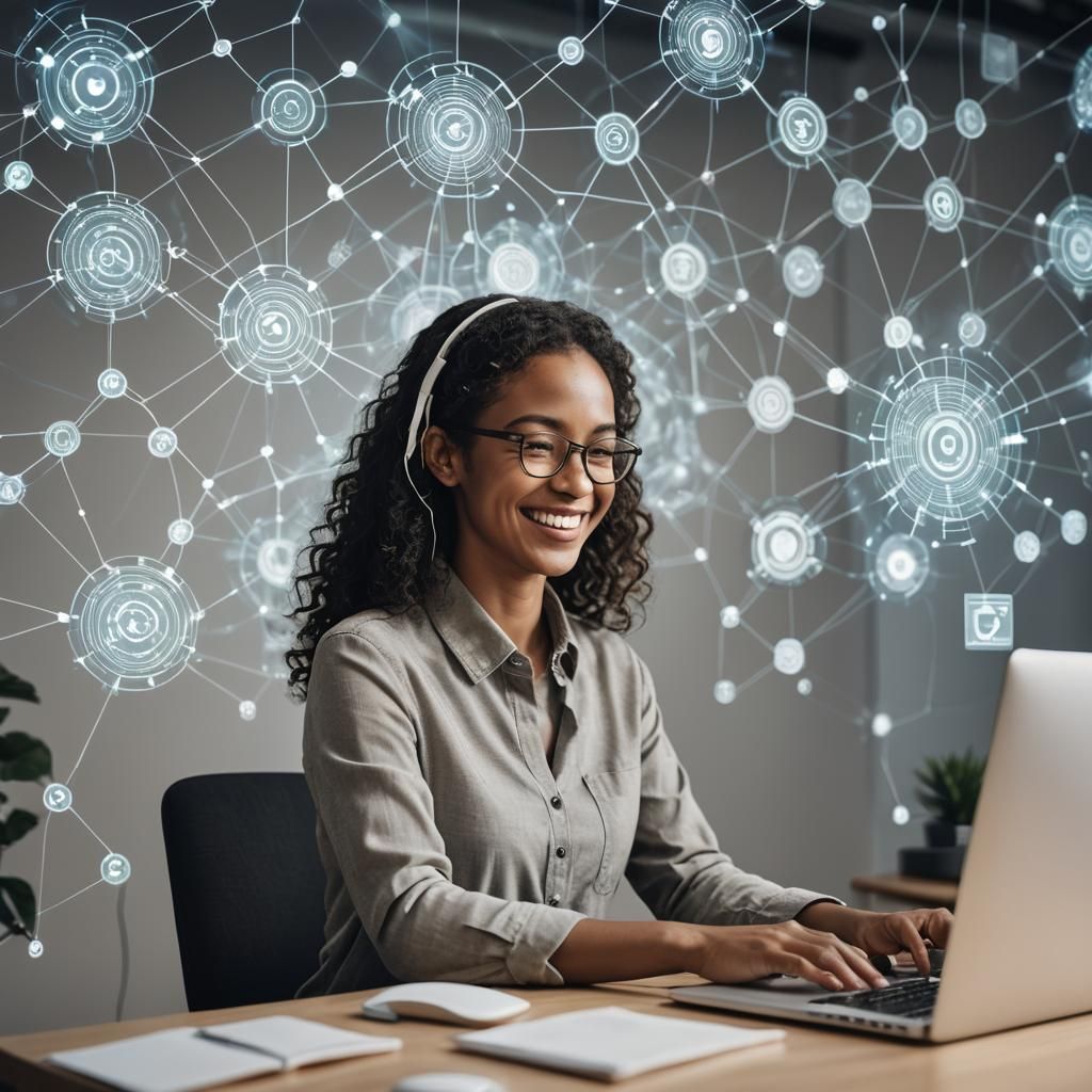 a woman working on her computer, she is creating AI Images, ...