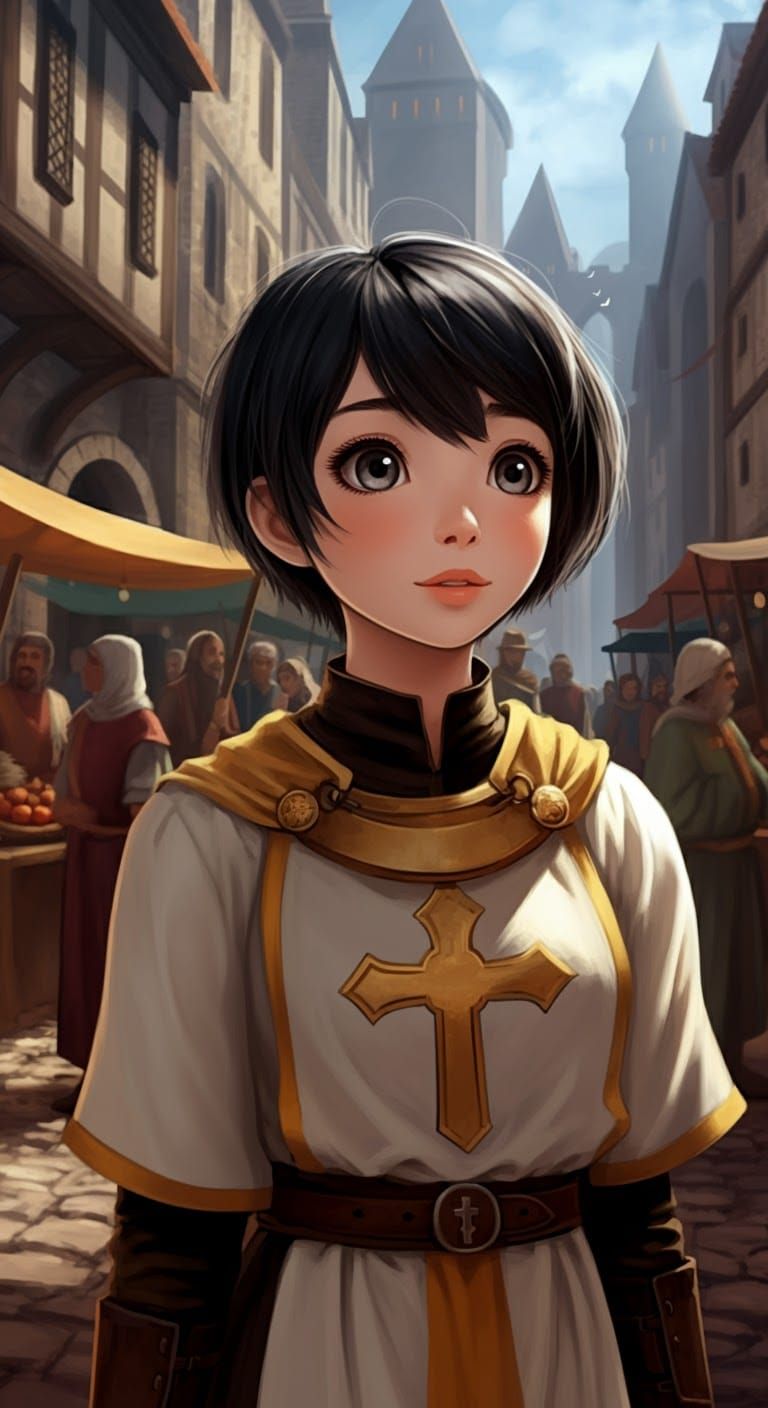 Young Cleric Acolyte in Medieval Cityscape