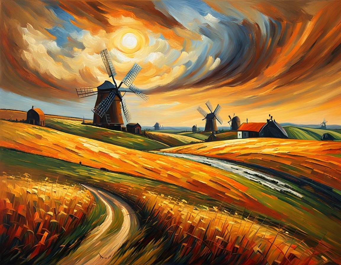 Dramatic Dutch Landscape with Windmill, Oil Painting