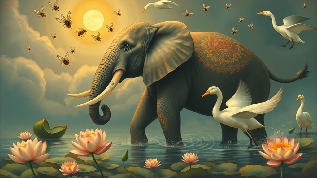 Elephant's Reincarnation: From Bee to Brahma's Swan