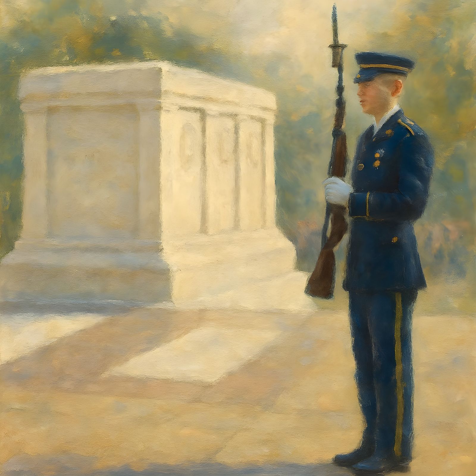 Solemn Soldier Keeps Watch: Impressionistic Painting