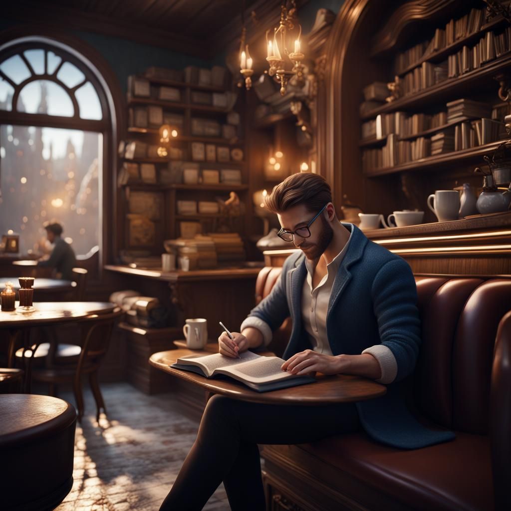 Man Reading in Cozy Cafe: Detailed Matte Painting