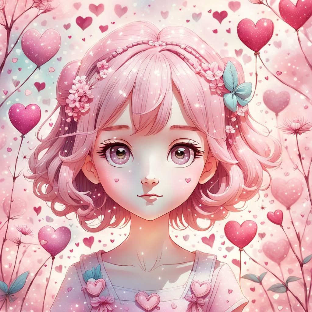 Pink Owl in Manga Style with Hearts