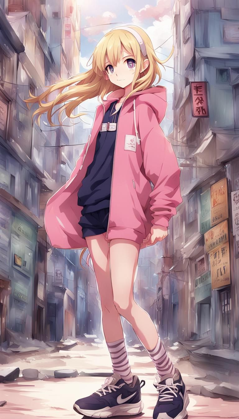Anime Style Blond Character in Pink Hoodie