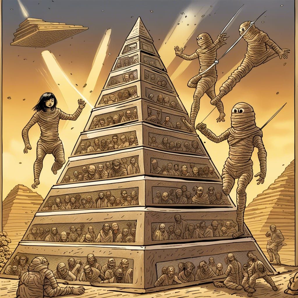 Flexible Mummies Battle on Pyramid: Sci-Fi Comic Art