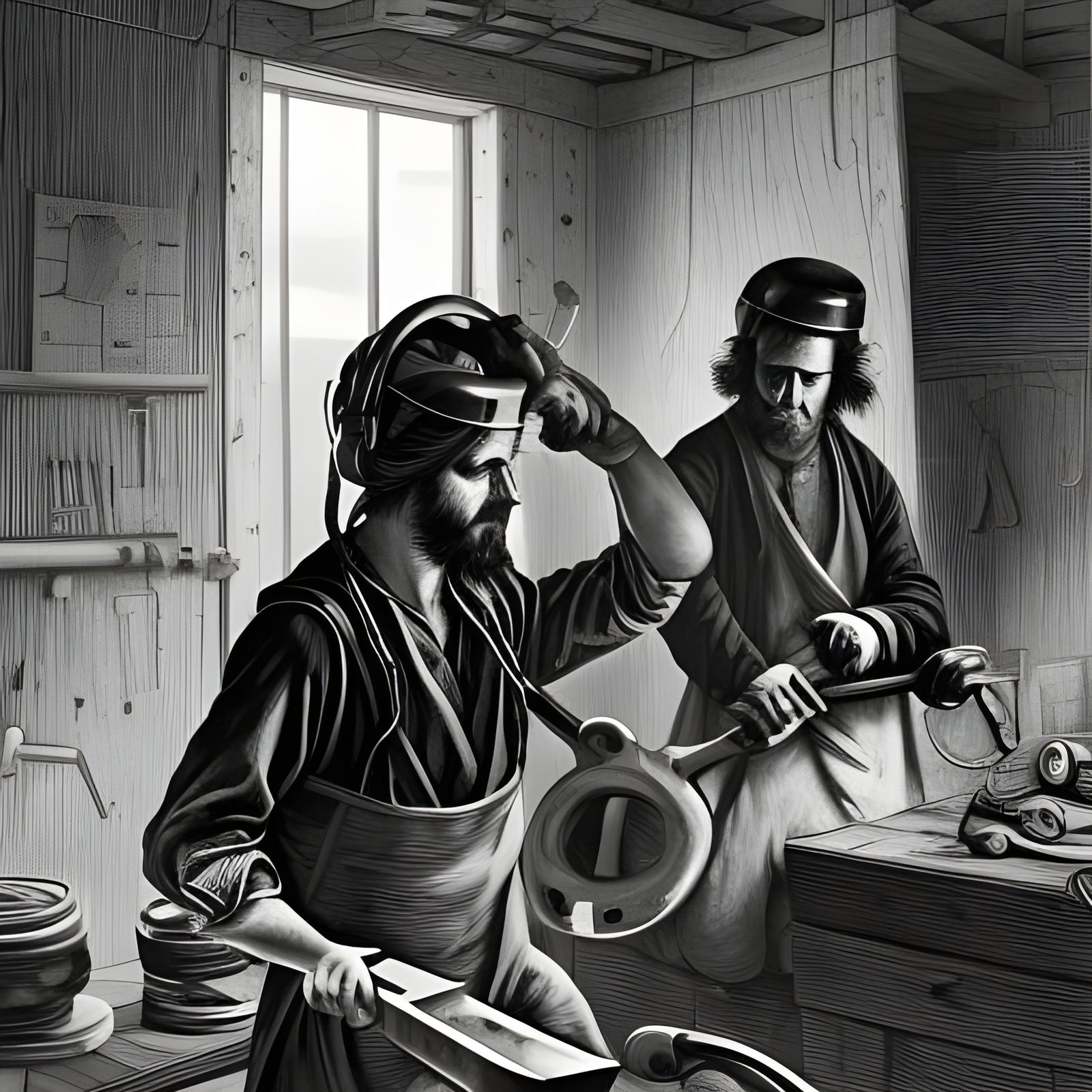 18th Century Laborers Forging Scissors: Linocut Art