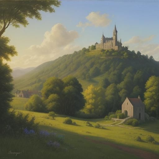 Idyllic Medieval Village with Pastures in Oil Painting