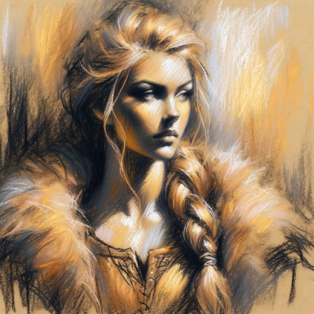 Norse Goddess Charcoal Sketch in Romantic Style