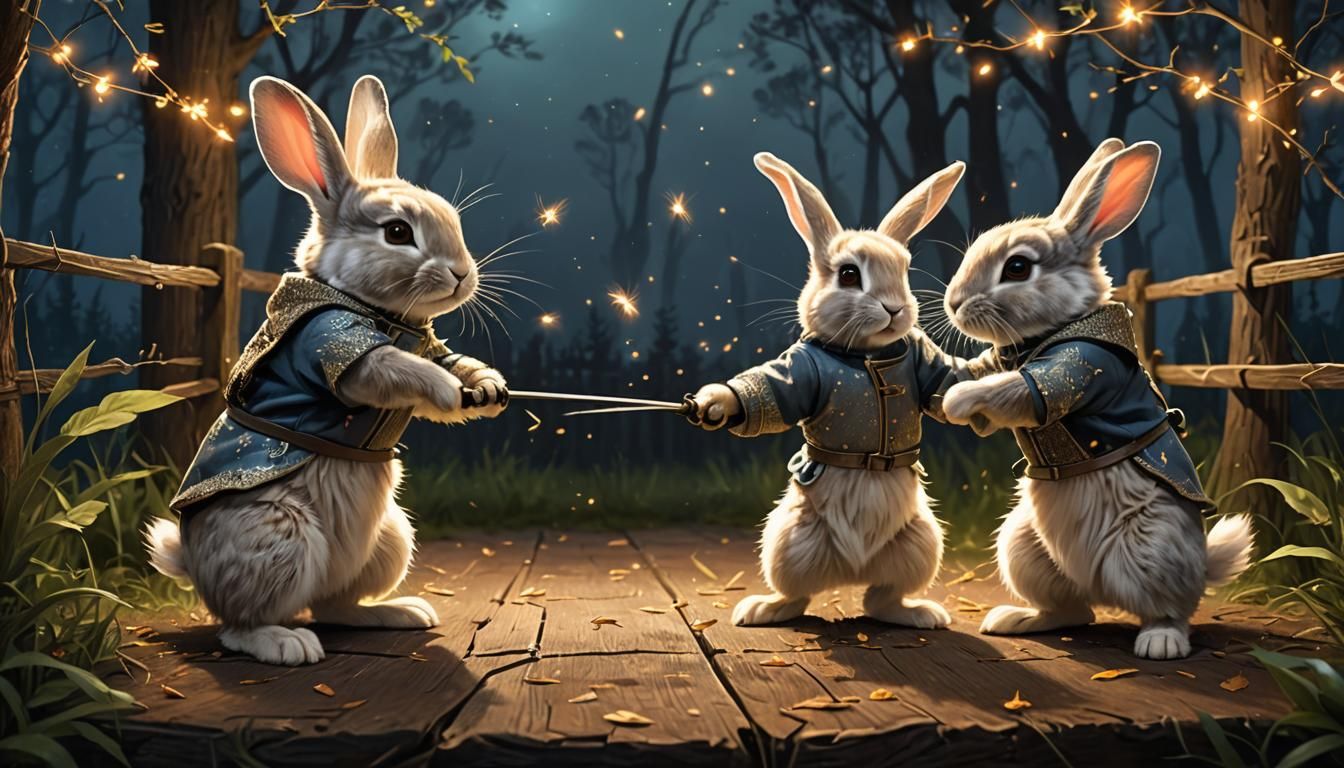 Rabbits Fencing at Night: Digital Art