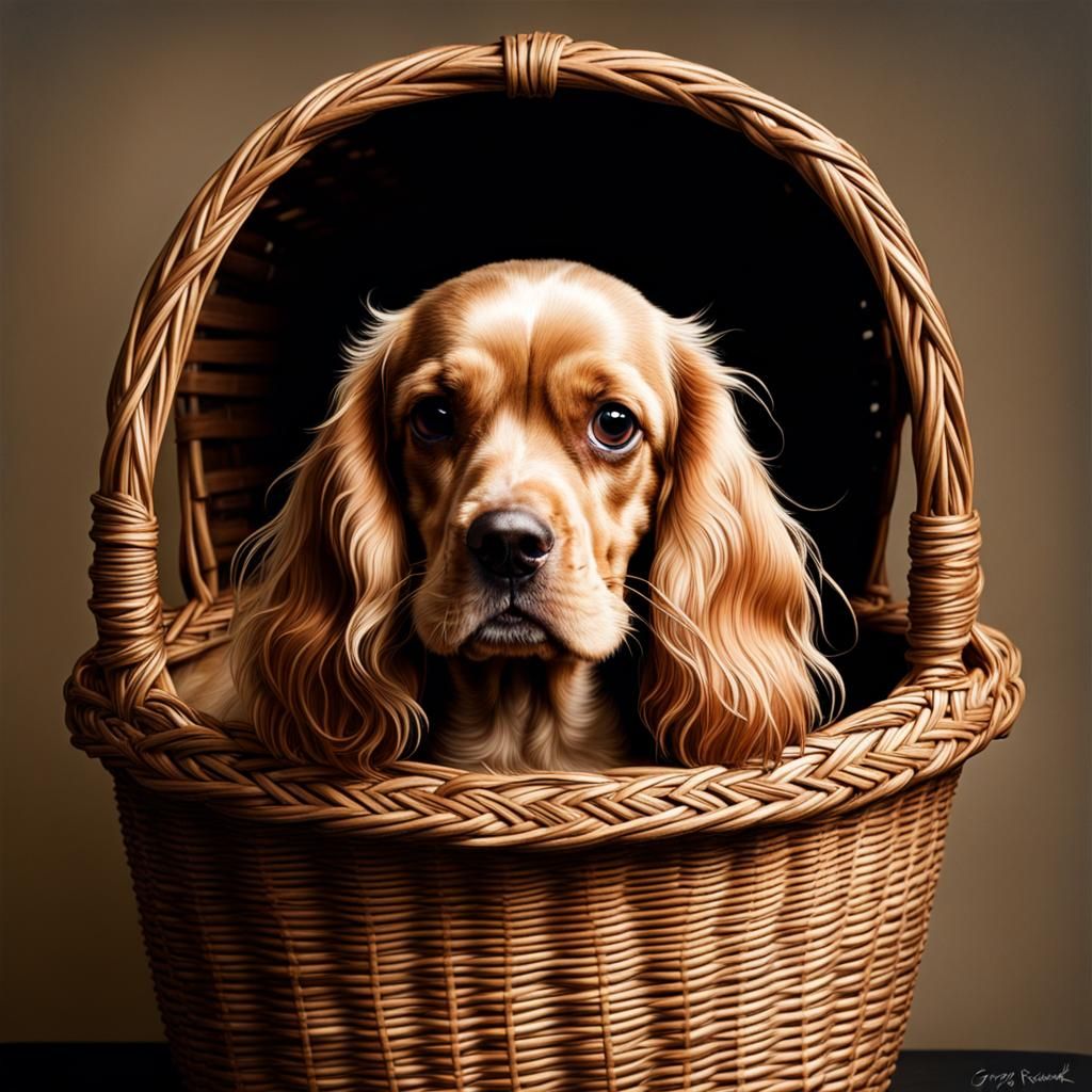 A cocker spaniel in a basket