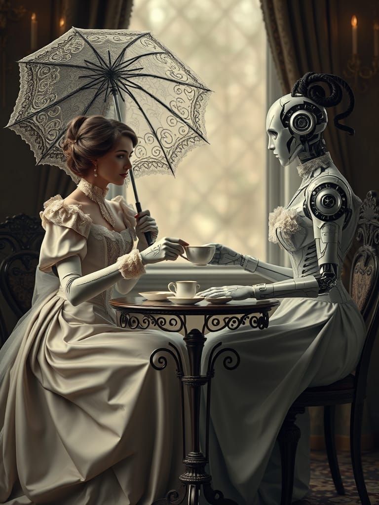 Victorian Lady and Android Companion in Steampunk-Cyberpunk ...