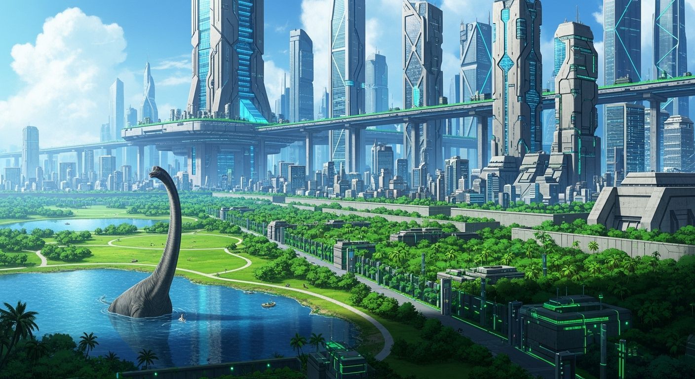 Futuristic Anime Cityscape with Neon Skyscrapers & Dinosaurs