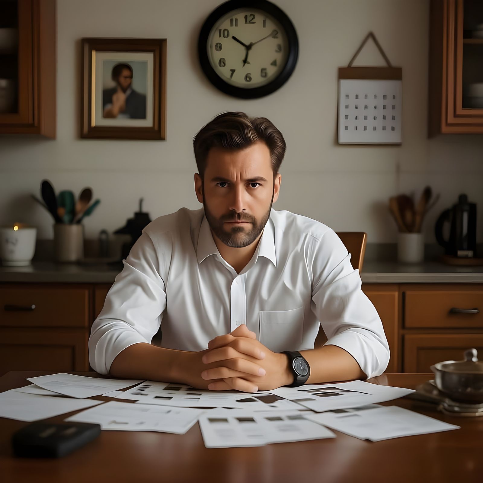 Stressed Man Overwhelmed by Bills at Kitchen Table