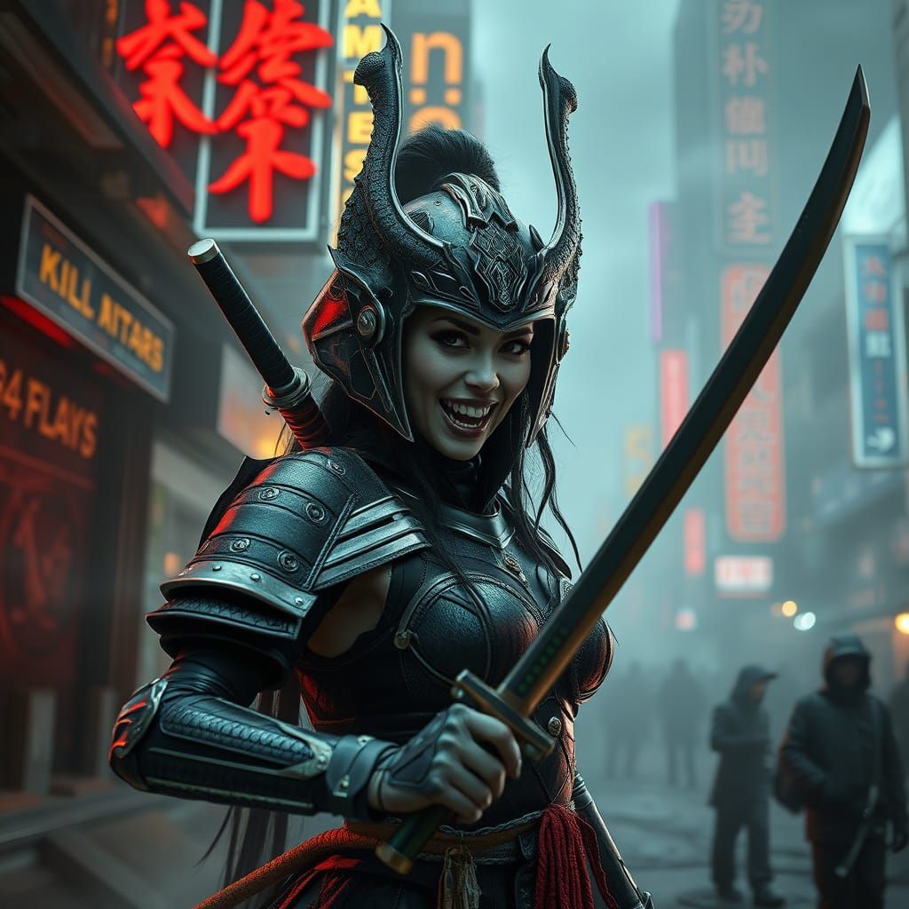 Vampire Samurai in Dystopian Cityscape