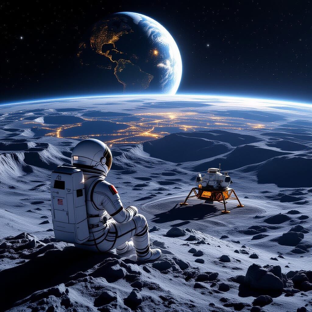 Astronaut Contemplates Earth From Lunar Crater